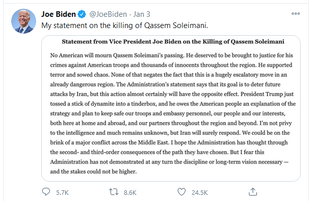 بايدن اعتبر اغتيال سليماني تهديدا للمصالح الأميركية (المصدر: حساب بايدن على تويتر_ الجزيرة للدراسات)