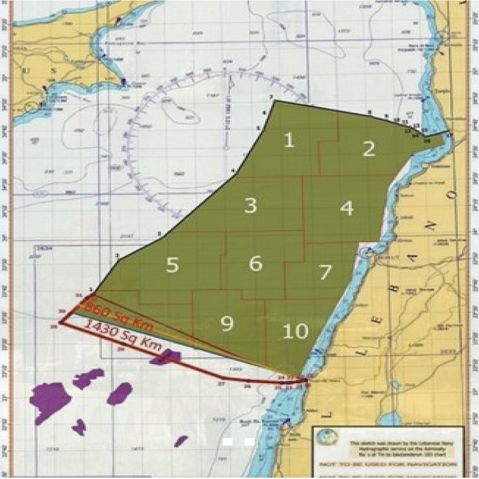 الخريطة رقم (3): خريطة توضح مطالب الوفد اللبناني المفاوض خلال الجولة الثانية من المفاوضات، ووسّع بموجبها مساحة النزاع إلى 1430 كلم2 إضافية. المصدر: ديلي ستار.