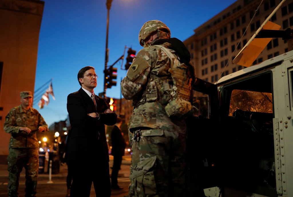 Defense Secretary Mark T. Esper with members of the National Guard near the White House. (Reuters)