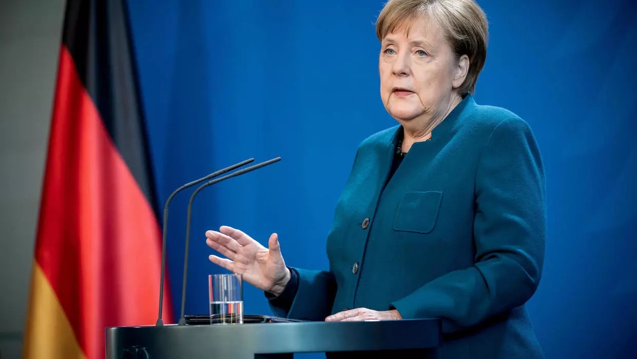 German Chancellor Angela Merkel gives a media statement on the spread of the new coronavirus at the Chancellery in Berlin March 22 [Reuters]