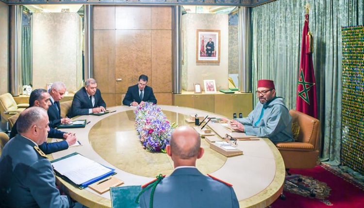 King Mohamed meeting with Abdelatif Hammouchi director of the national security force, (DSGN), General Mohamed Harmou head of Gendarmerie, General Abdelfattah Louarak general inspector of the Royal Armed Forces, interior minister Abdelouafi Laftit, PM Saadeddine El Otmani and health minister Khaled Ait Taleb at the Royal Palace, March 18 [MAP]