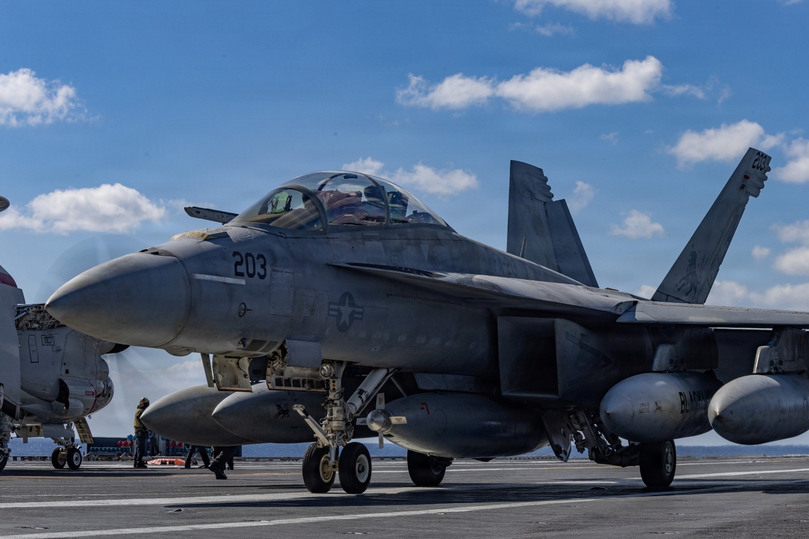 F/A-18 fighter jet on the deck of a US Navy aircraft carrier [U.S. Central Command]