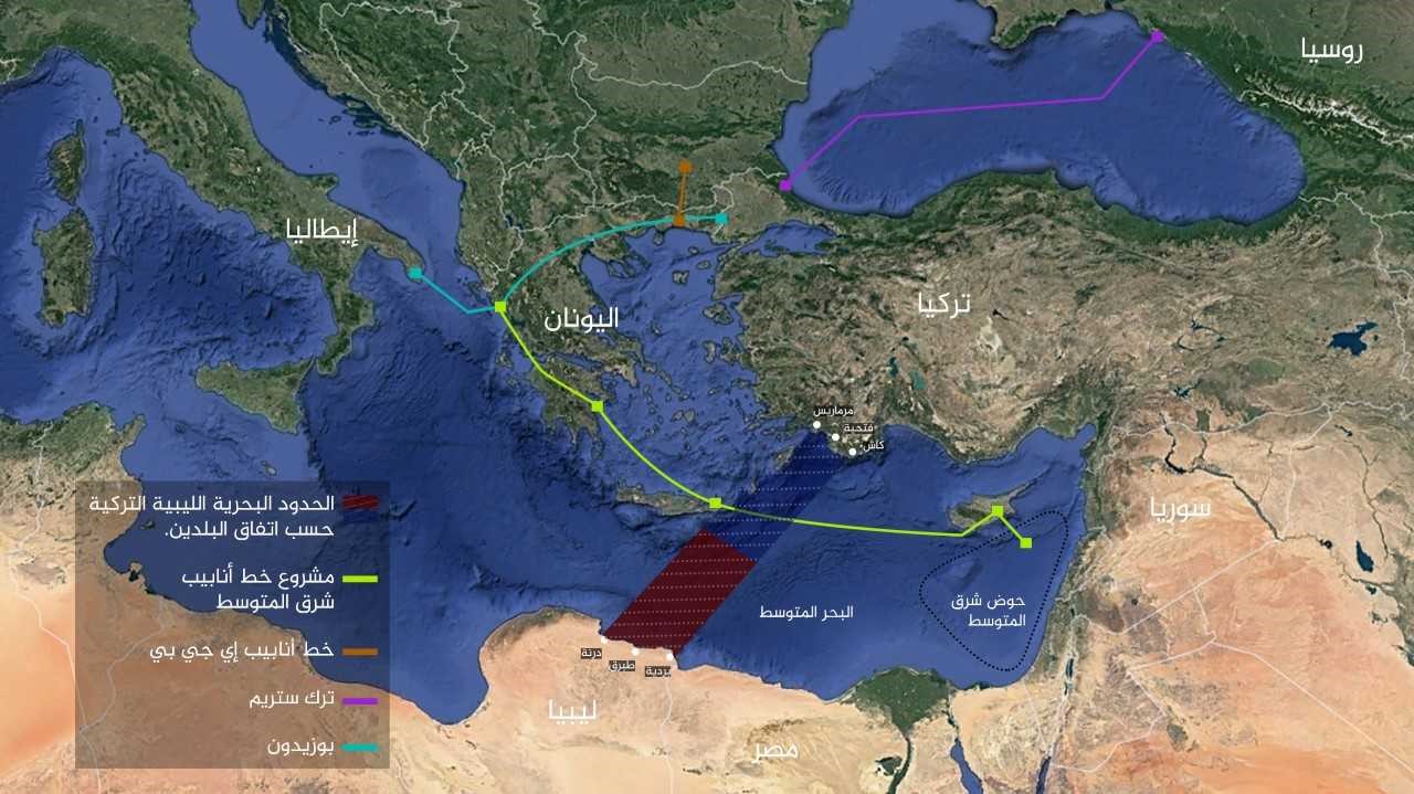 الحدود البحرية التركية الليبية حسب اتفاق حكومتي البلدين (الجزيرة)
